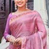Sari indiano viscose com estampa étnica rosa com dourado