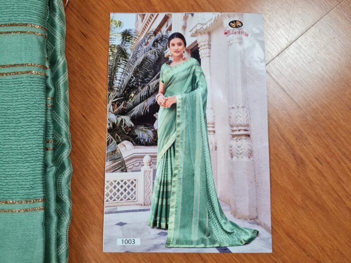 Sari indiano viscose com estampa étnica verde e dourado