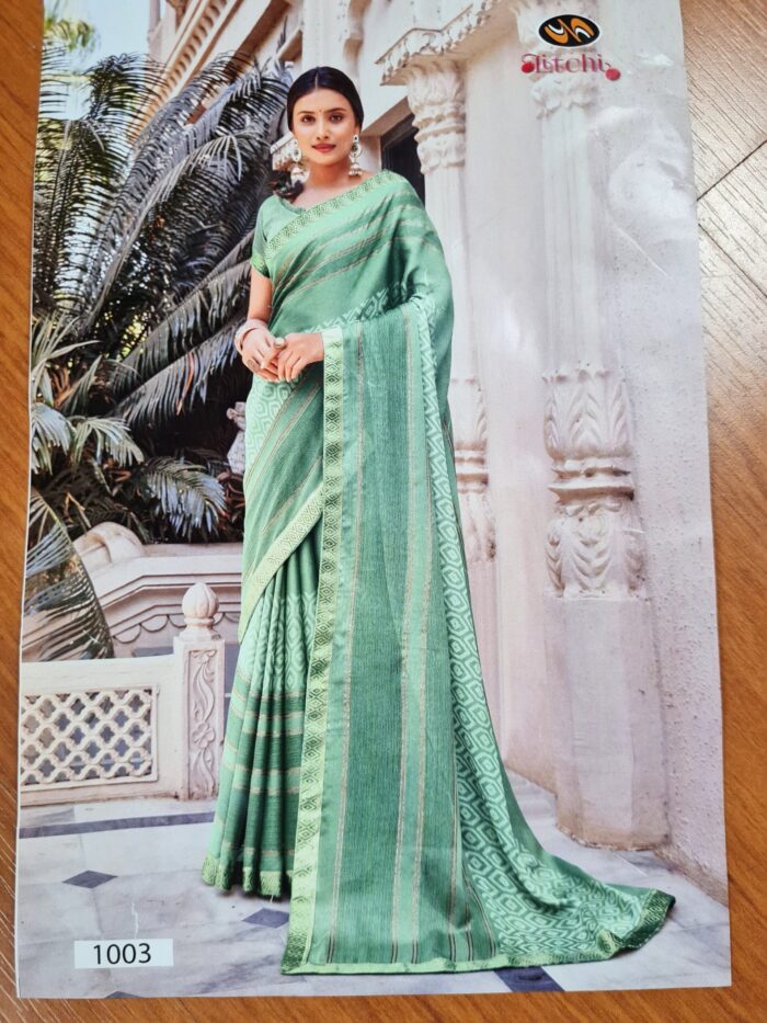 Sari indiano viscose com estampa étnica verde e dourado