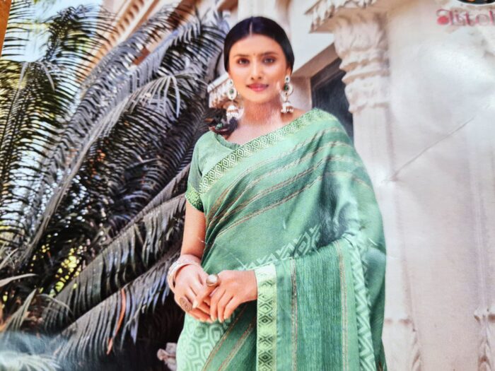 Sari indiano viscose com estampa étnica verde e dourado