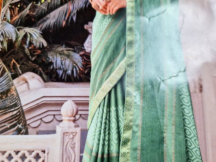 Sari indiano viscose com estampa étnica verde e dourado