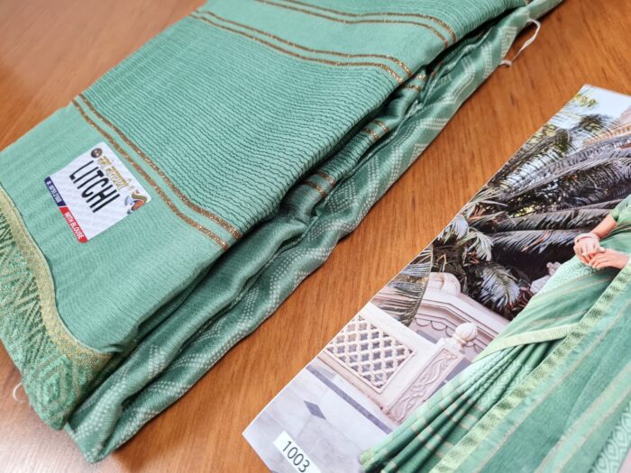 Sari indiano viscose com estampa étnica verde e dourado