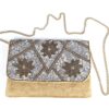 Bolsa indiana clutch carteira tecido com bordados florais bege e metalizados