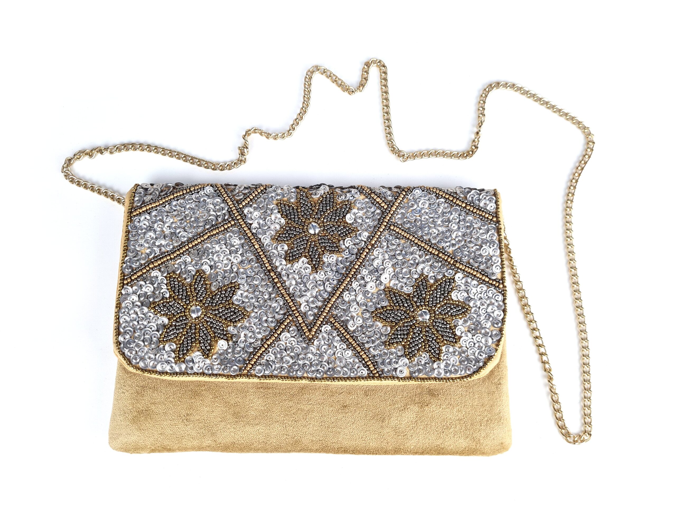Bolsa indiana clutch carteira tecido com bordados florais bege e metalizados