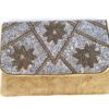 Bolsa indiana clutch carteira tecido com bordados florais bege e metalizados