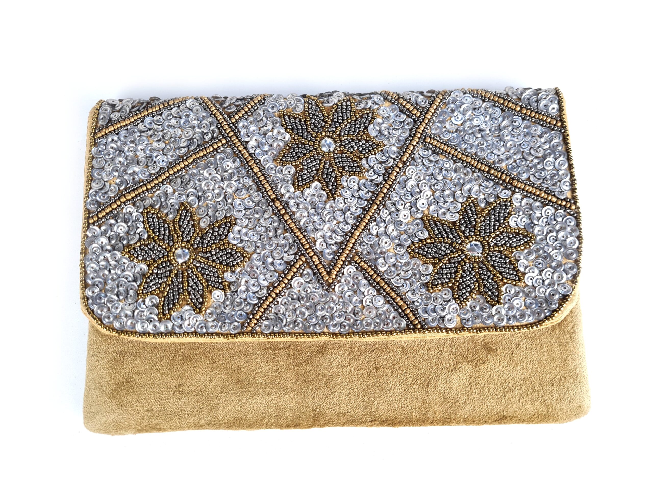 Bolsa indiana clutch carteira tecido com bordados florais bege e metalizados