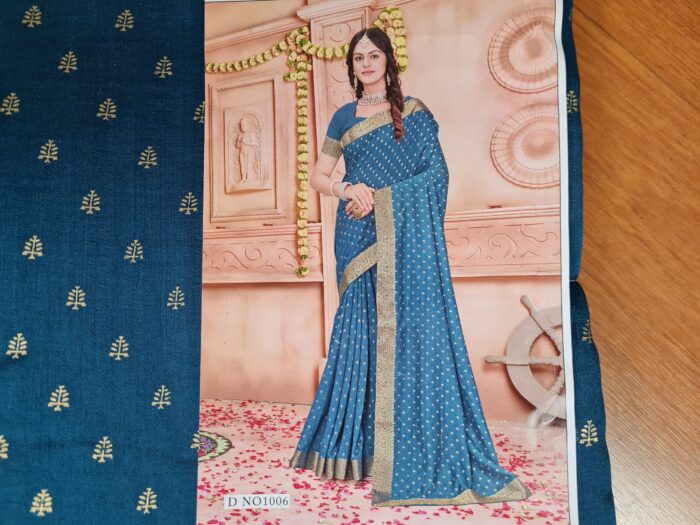 Sari indiano de seda verde pavão com fita de jacquard dourada