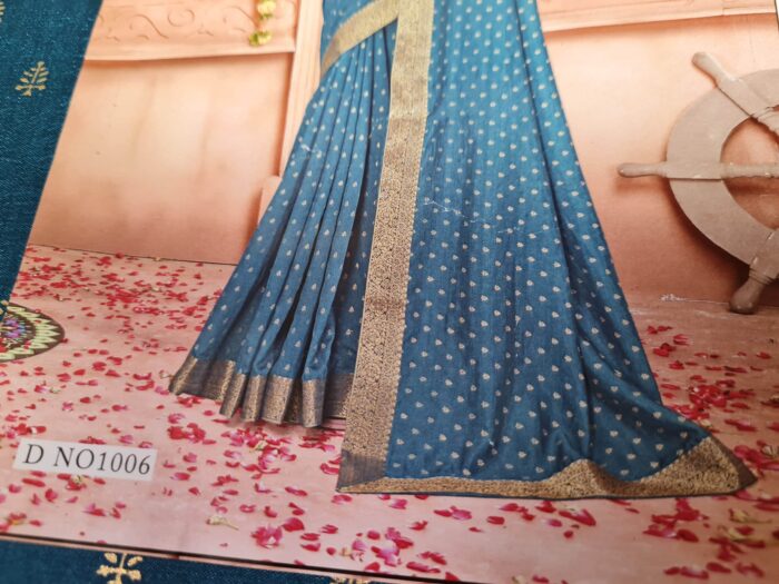 Sari indiano de seda verde pavão com fita de jacquard dourada