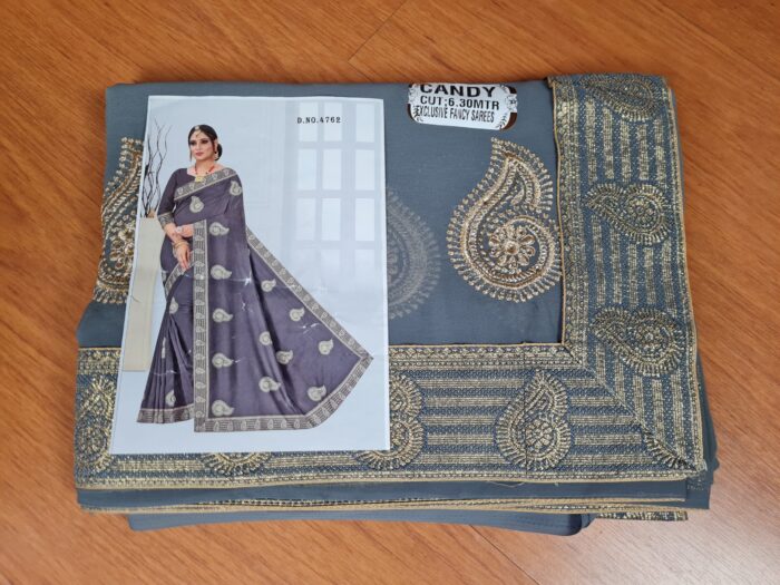 saree de seda mista cinza com bordados em dourado e barra de jacquard