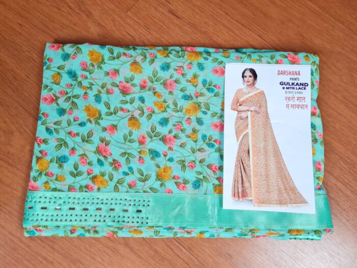 Sari indiano de tecido misto com viscose floral verde e rosa