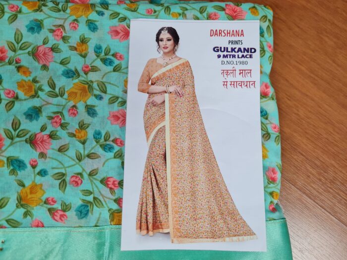 Sari indiano de tecido misto com viscose floral verde menta e coloridos