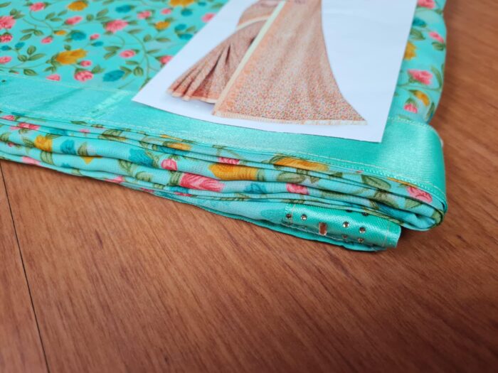 Sari indiano de tecido misto com viscose floral verde menta e coloridos