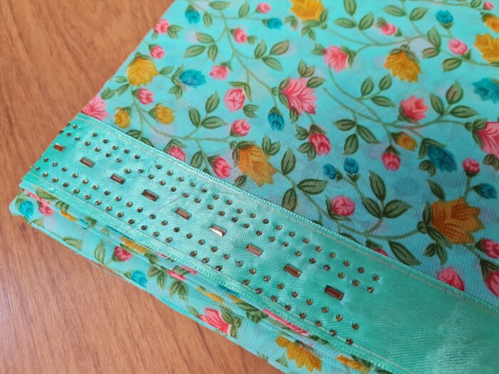 Sari indiano de tecido misto com viscose floral verde menta e coloridos