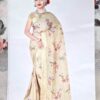 Sari indiano de seda mista estampa floral creme com barra perolada