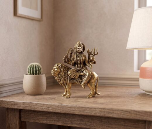 Estátua indiana da Deusa Durga e o leão metal dourado 8cm