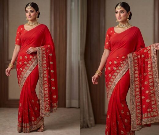 Saree Vermelho Bordado com Fios Dourados e Pedrarias com dupatta inclusa