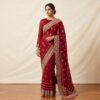 Sari indiano de seda vermelho fechado bordados dourados design floral e folhas