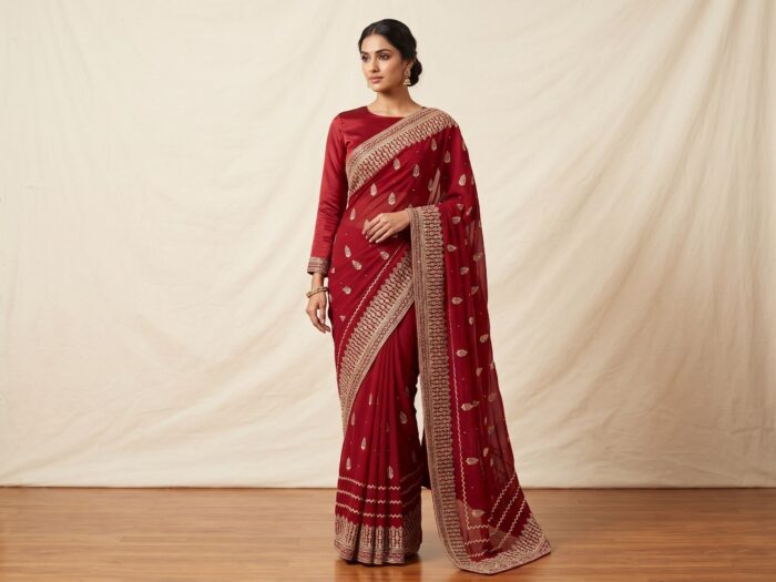Sari indiano de seda vermelho fechado bordados dourados design floral e folhas