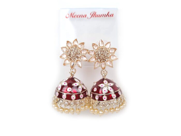 Brinco indiano Meenakari Jhumka sino floral vermelho rubi esmaltado