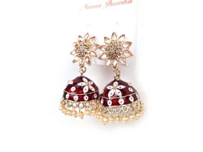 Brinco indiano Meenakari Jhumka sino floral vermelho rubi esmaltado