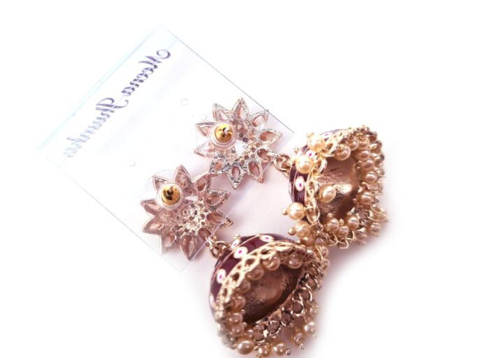 Brinco indiano Meenakari Jhumka sino floral vermelho rubi esmaltado