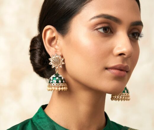 Brinco indiano Meenakari Jhumka sino floral verde esmaltado