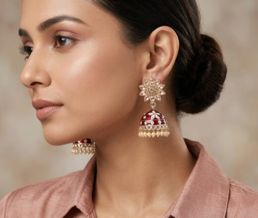 Brinco indiano Meenakari Jhumka sino floral vermelho rubi esmaltado