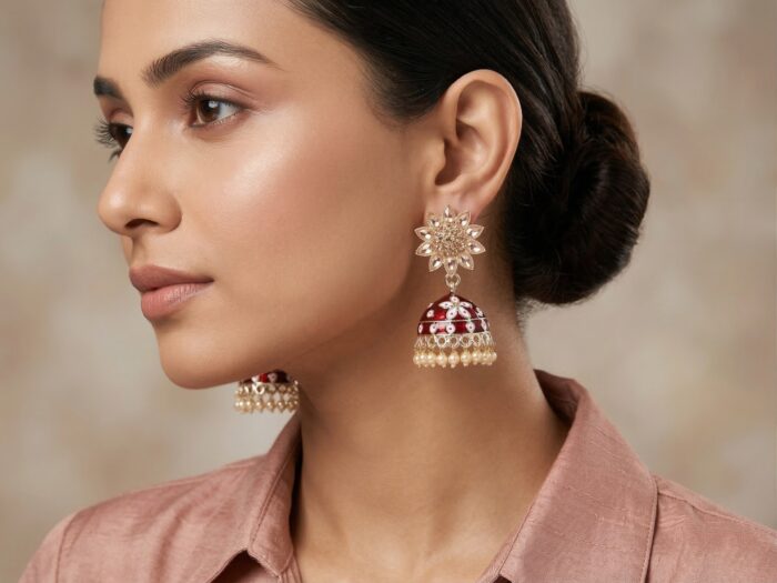 Brinco indiano Meenakari Jhumka sino floral vermelho rubi esmaltado