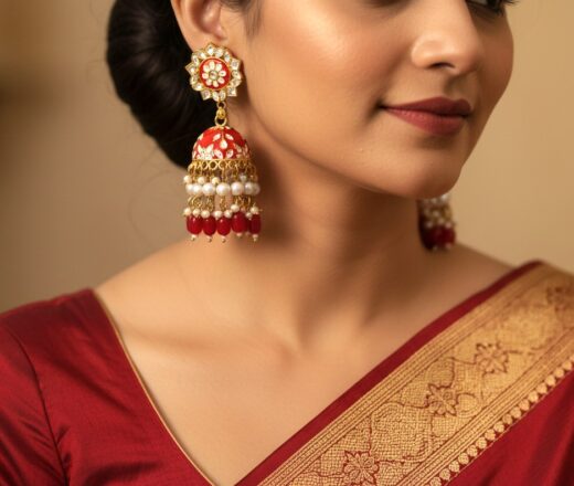 Brinco indiano Meenakari Jhumka esmaltado vermelho com pérolas