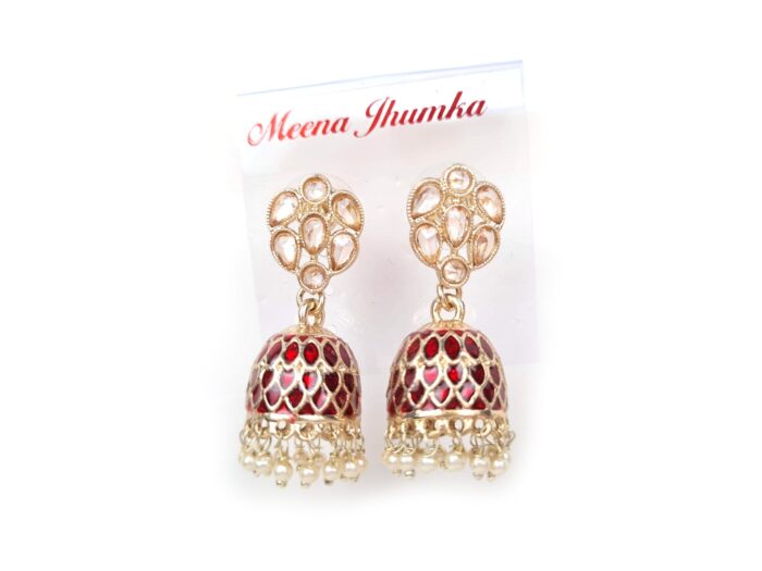 Brinco indiano Meenakari Jhumka sino vermelho esmaltado com pérolas