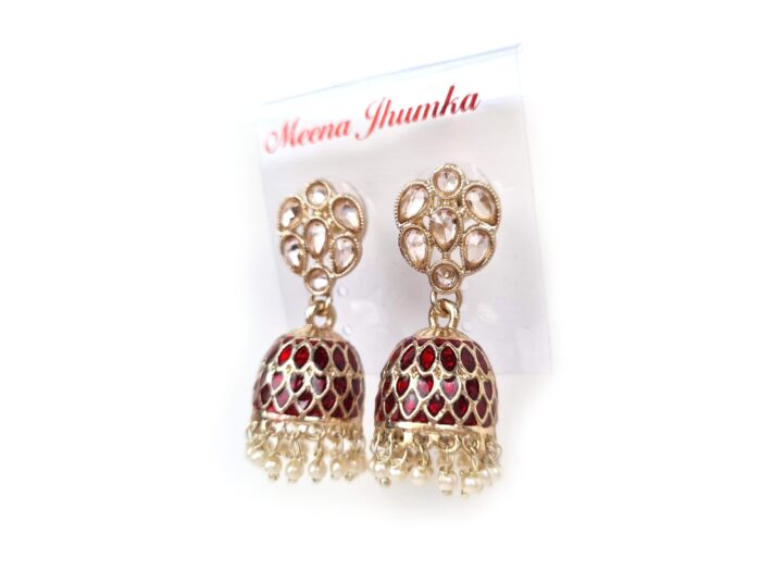 Brinco indiano Meenakari Jhumka sino vermelho esmaltado com pérolas