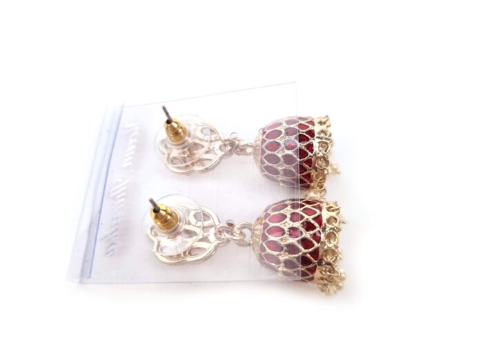 Brinco indiano Meenakari Jhumka sino vermelho esmaltado com pérolas