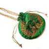 Bolsa indiana de festa de tecido bordado verde com pavão e alça de pérolas