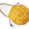 Bolsa indiana de festa de tecido amarelo bordado folhas e alça de pérolas