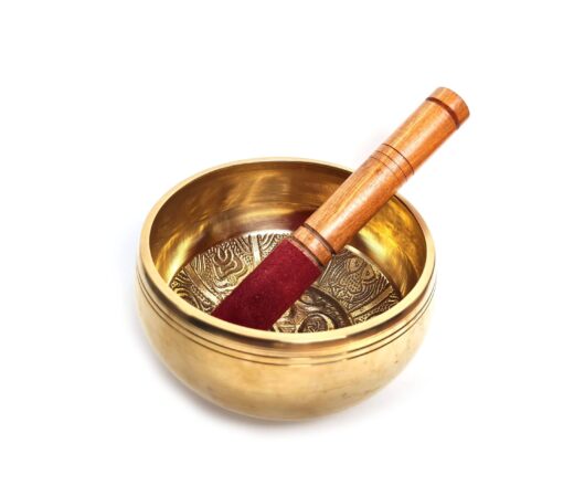 Tigela tibetana com 7 ligas dourada símbolo OM 14cm