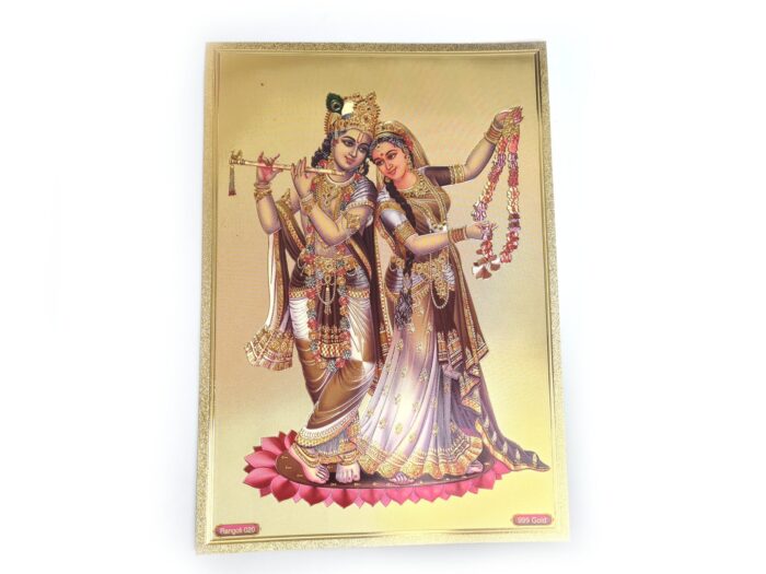 Folha laminada dourada decorativa Radha e Krishna dançando