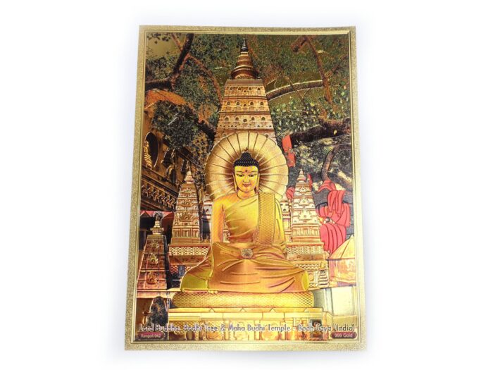 Folha laminada dourada e colorida para usar na decoração, com estampa Buda Meditando – Templo Mahabodhi, Bodhgaya 