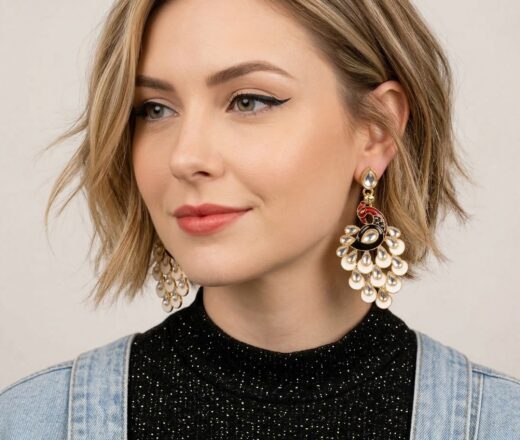 Brinco indiano esmaltado com design de pavão com pedras