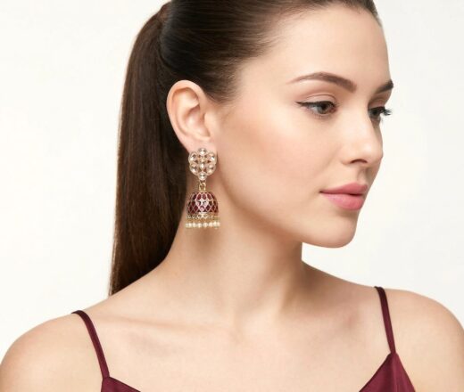 Brinco indiano Meenakari Jhumka sino vermelho esmaltado com pérolas