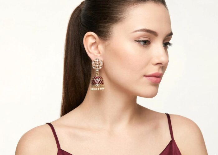 Brinco indiano Meenakari Jhumka sino vermelho esmaltado com pérolas