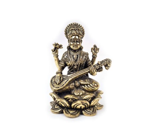 Deusa Sarawati em metal, fine art, fabricado na Índia com traços delicados, detalhes minuciosos. 10cm, 295g