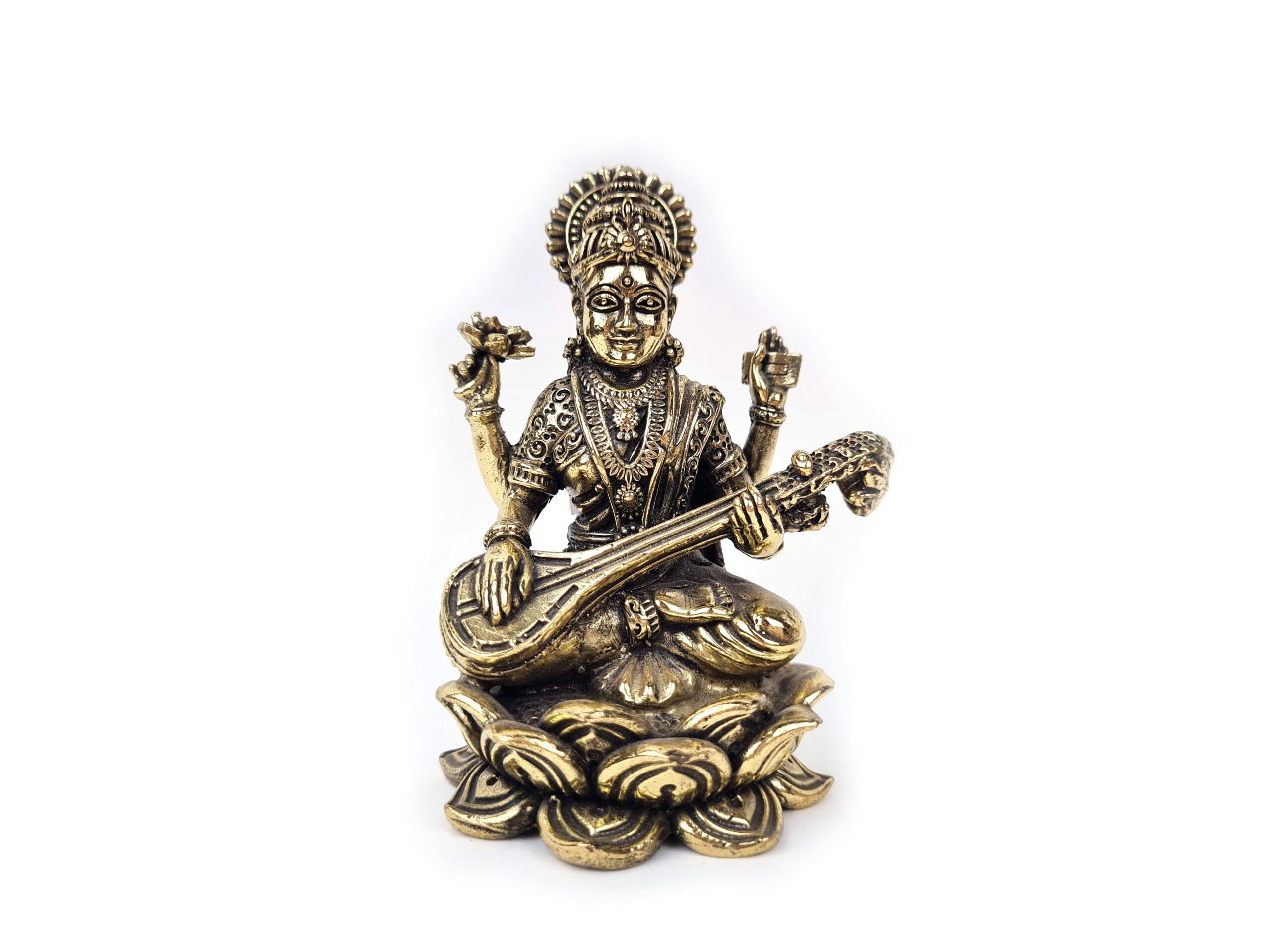 Deusa Sarawati em metal, fine art, fabricado na Índia com traços delicados, detalhes minuciosos. 10cm, 295g
