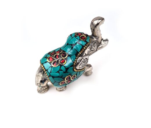 Elefante indiano de metal prateado mosaico de pedras naturais turquesa
