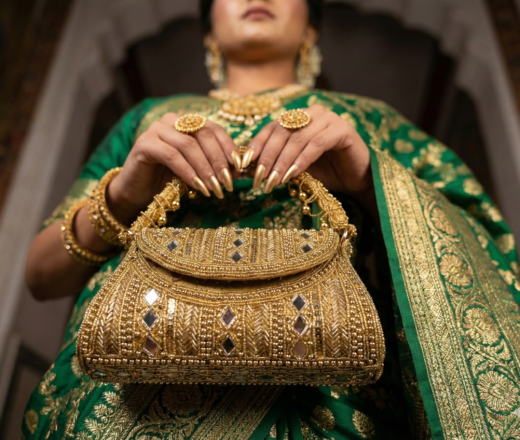 Bolsa Lakshmi Devi luxuosa e dourada toda bordada para festas