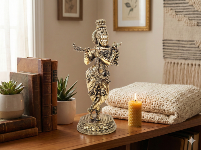 Estátua de Lord Krishna "Venugopala" em Metal Fine Art – A Melodia Divina (19cm)