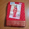 Sari indiano crepe de seda vermelho e dourado com fita de jacquard