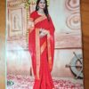 Sari indiano crepe de seda vermelho e dourado com fita de jacquard