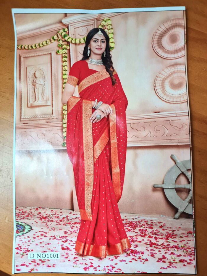 Sari indiano crepe de seda vermelho e dourado com fita de jacquard
