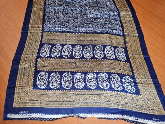 Saree indiano de tecido misto viscose e seda marinho e dourado