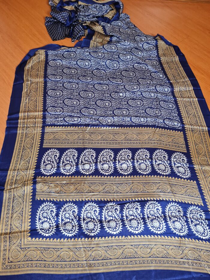 Saree indiano de tecido misto viscose e seda marinho e dourado